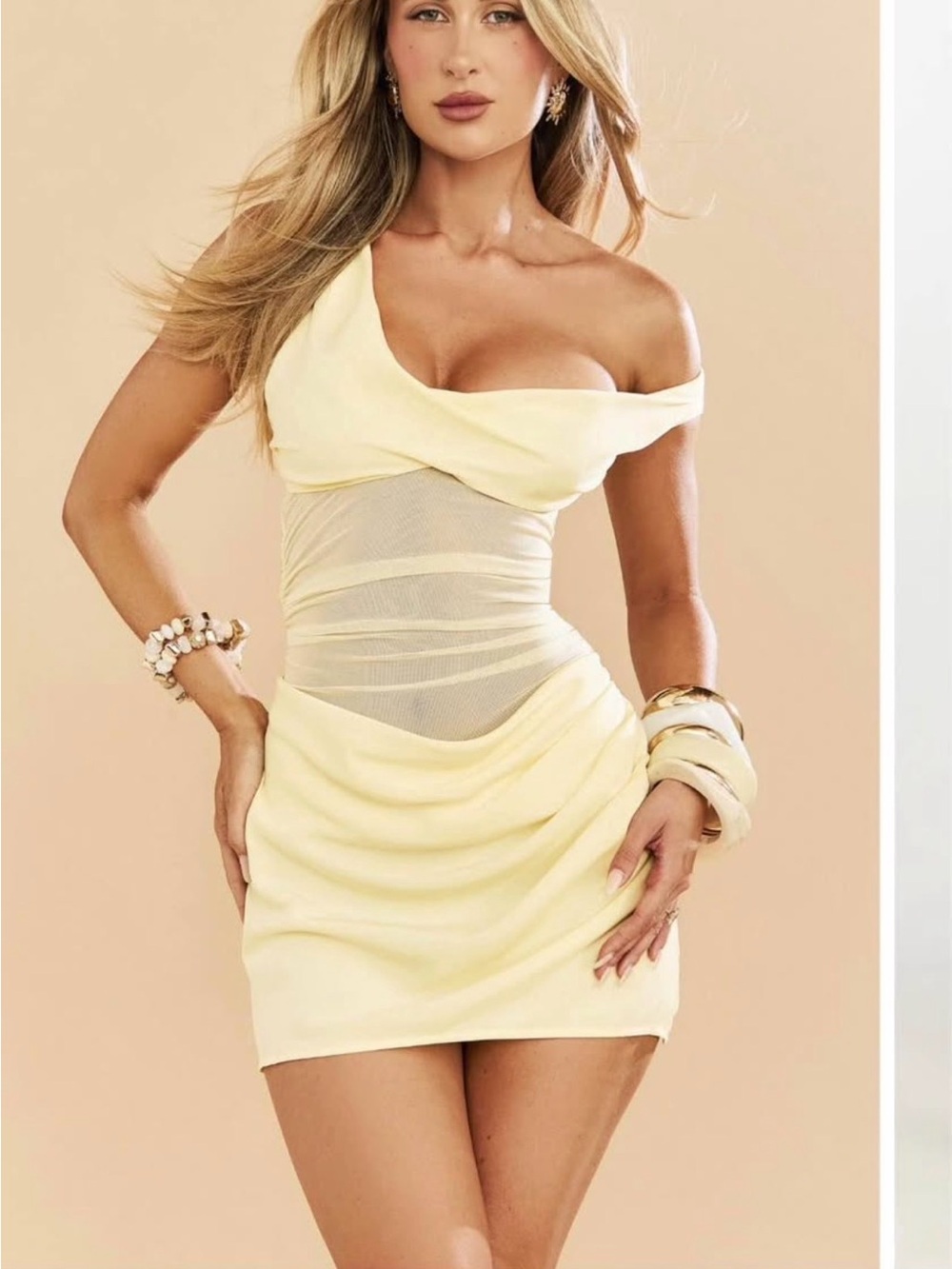 Showpo Pale Yellow One-Shoulder Mesh-Panel Mini Dress